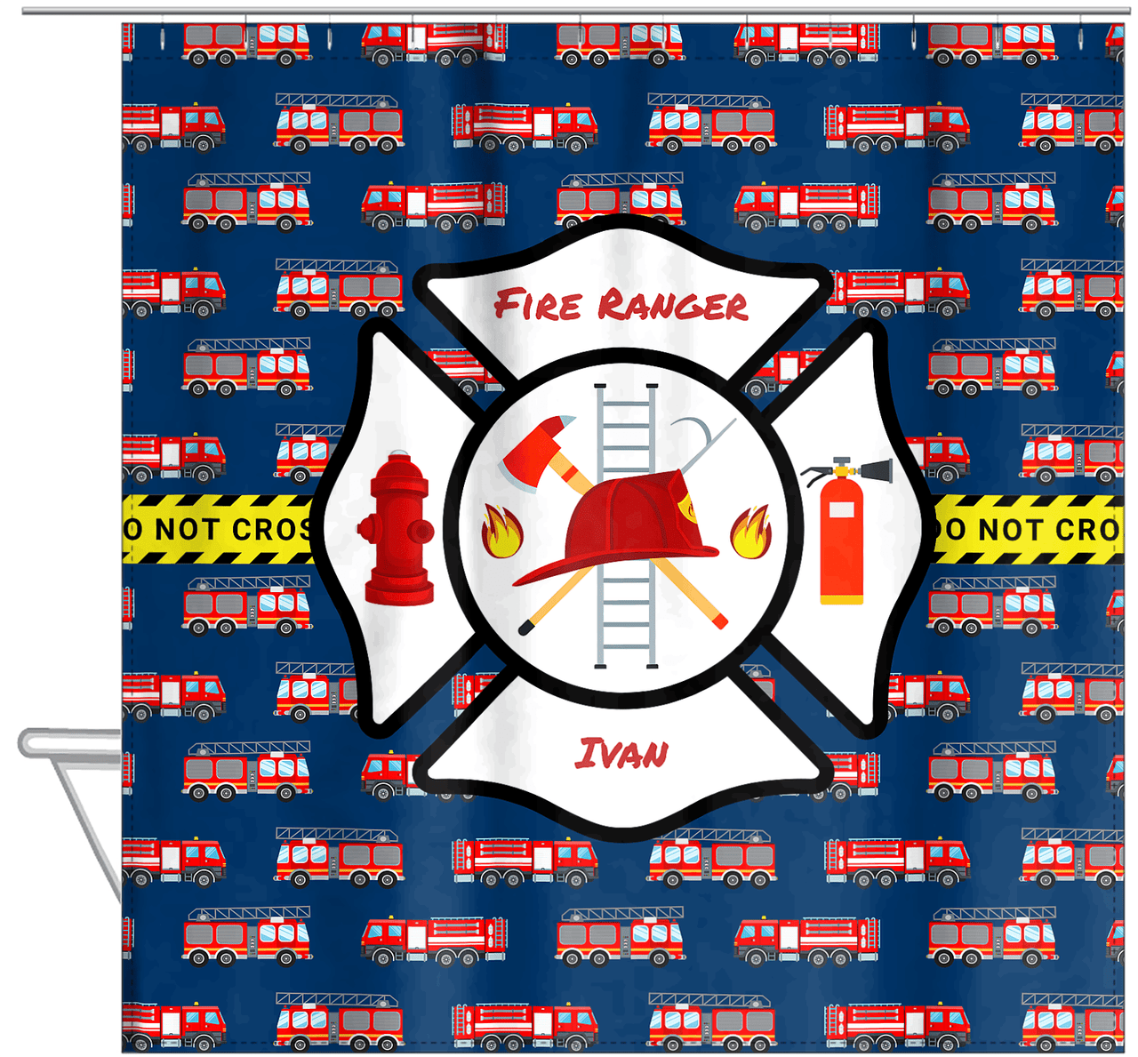 Personalized Fire Truck Shower Curtain XIII - Blue Background - Hanging View