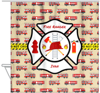 Thumbnail for Personalized Fire Truck Shower Curtain XIII - Light Brown Background - Hanging View