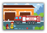 Thumbnail for Personalized Fire Truck Canvas Wrap & Photo Print I - Blue Background with Blond Boy - Front View