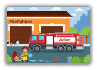 Thumbnail for Personalized Fire Truck Canvas Wrap & Photo Print I - Blue Background with Redhead Boy - Front View