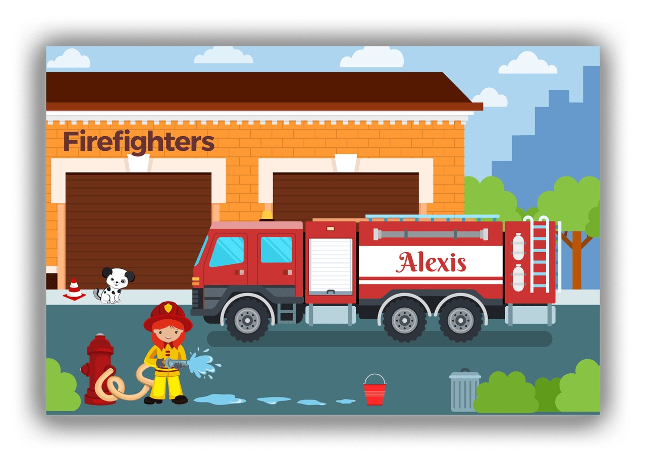 Personalized Fire Truck Canvas Wrap & Photo Print II - Blue Background with Redhead Girl - Front View