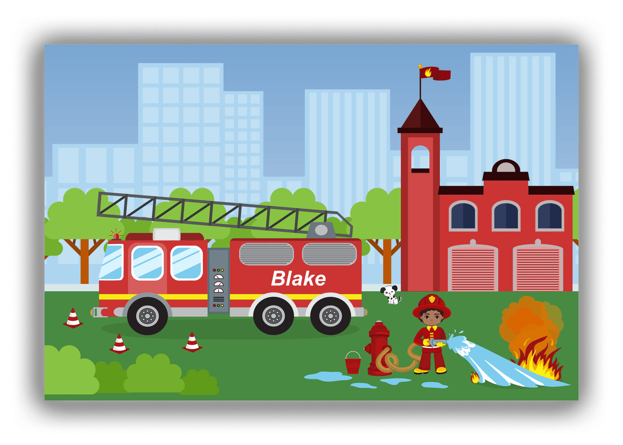 Personalized Fire Truck Canvas Wrap & Photo Print III - Blue Background with Black Hair Boy - Front View