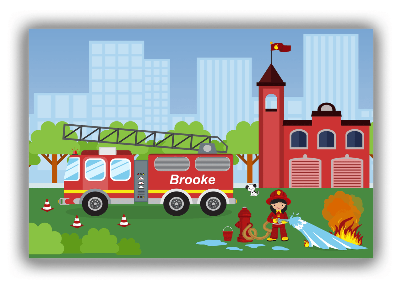 Personalized Fire Truck Canvas Wrap & Photo Print IV - Blue Background with Blonde Girl - Front View