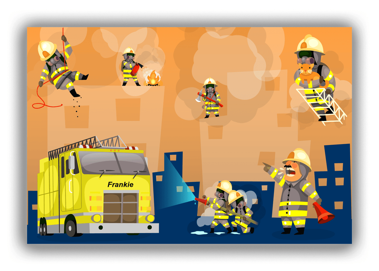Personalized Fire Truck Canvas Wrap & Photo Print V - Fighting Fire with Orange Background - Front View