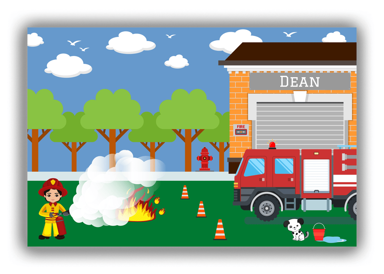 Personalized Fire Truck Canvas Wrap & Photo Print VI - Blue Background with Black Hair Boy - Front View