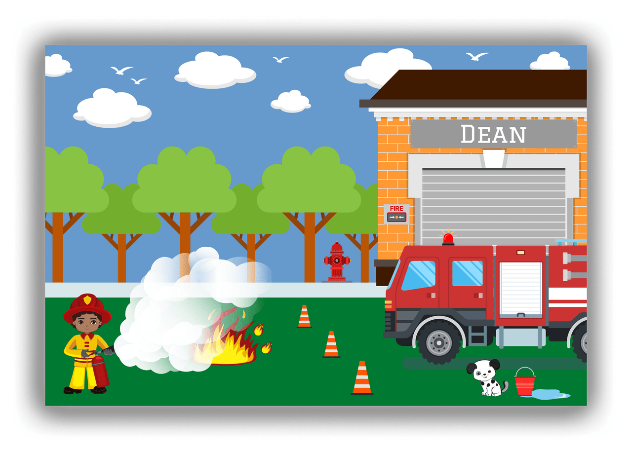 Personalized Fire Truck Canvas Wrap & Photo Print VI - Blue Background with Black Boy - Front View