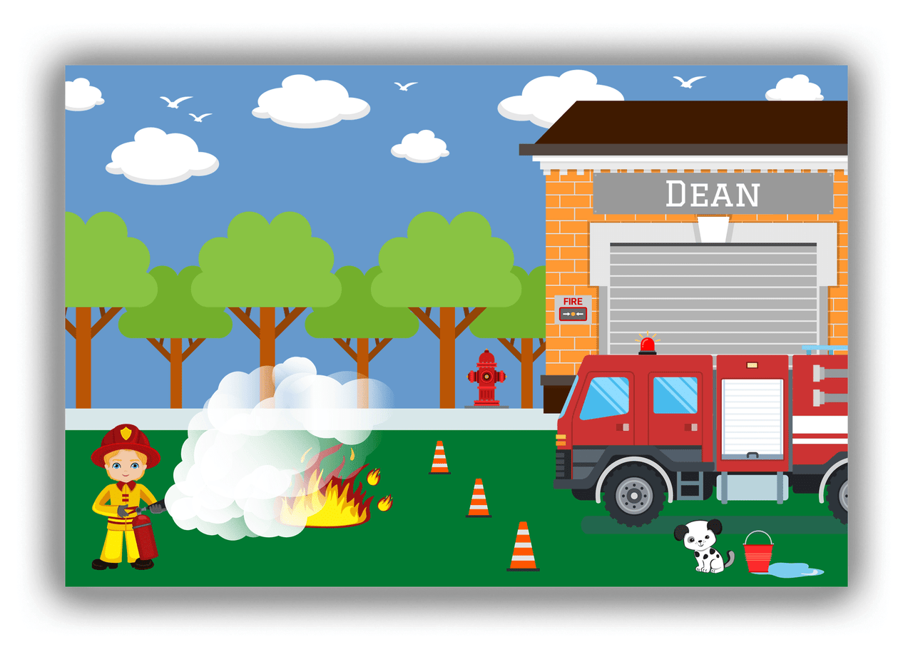 Personalized Fire Truck Canvas Wrap & Photo Print VI - Blue Background with Blond Boy - Front View