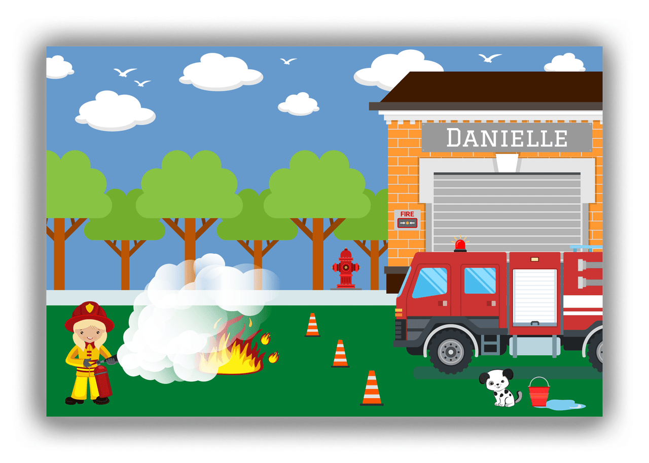 Personalized Fire Truck Canvas Wrap & Photo Print VII - Blue Background with Blonde Girl - Front View