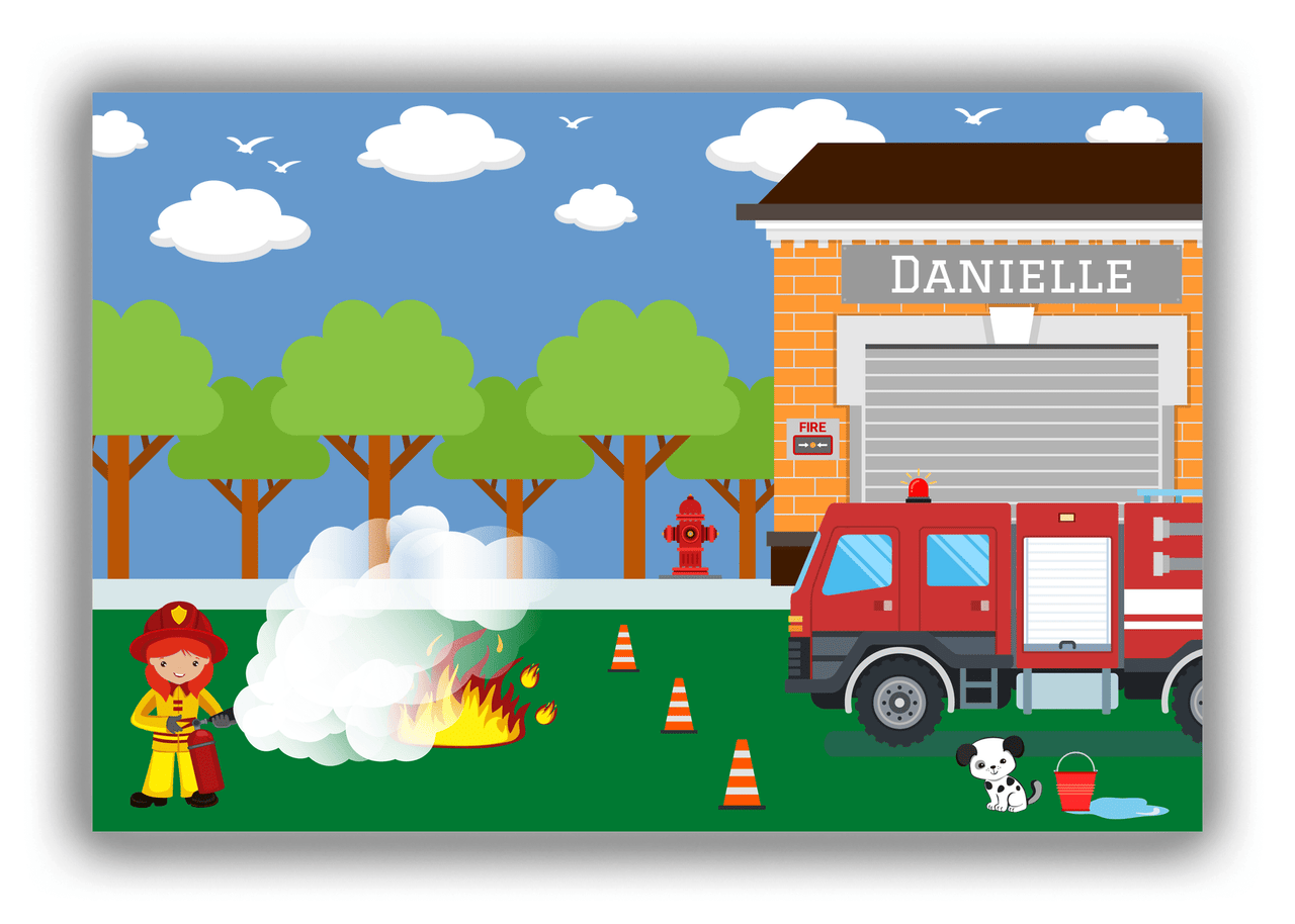 Personalized Fire Truck Canvas Wrap & Photo Print VII - Blue Background with Redhead Girl - Front View