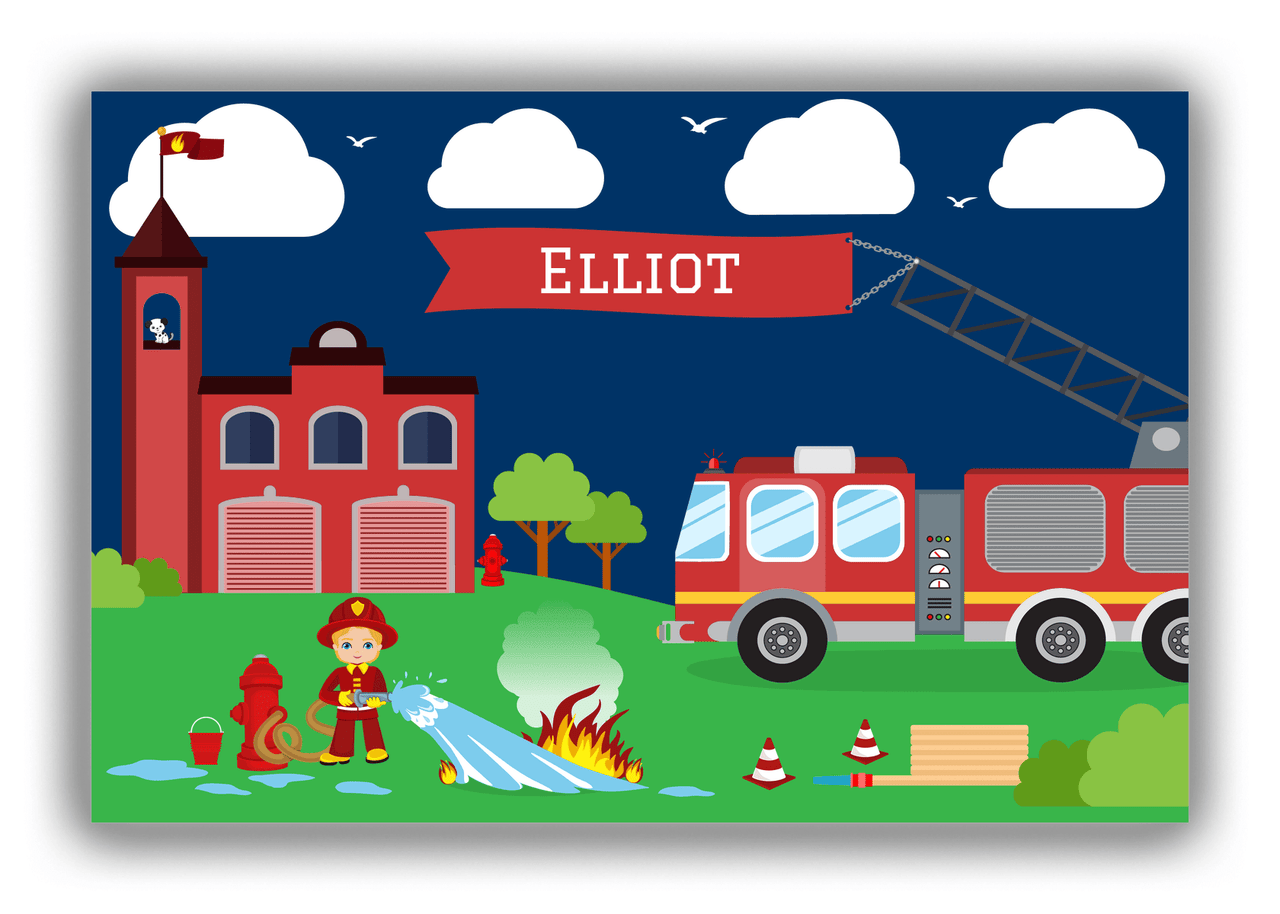 Personalized Fire Truck Canvas Wrap & Photo Print VIII - Blue Background with Blond Boy - Front View