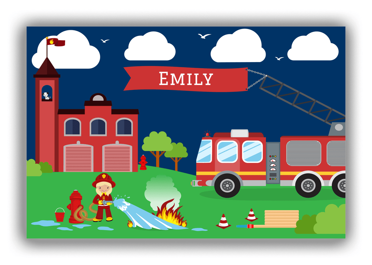 Personalized Fire Truck Canvas Wrap & Photo Print IX - Blue Background with Blonde Girl - Front View