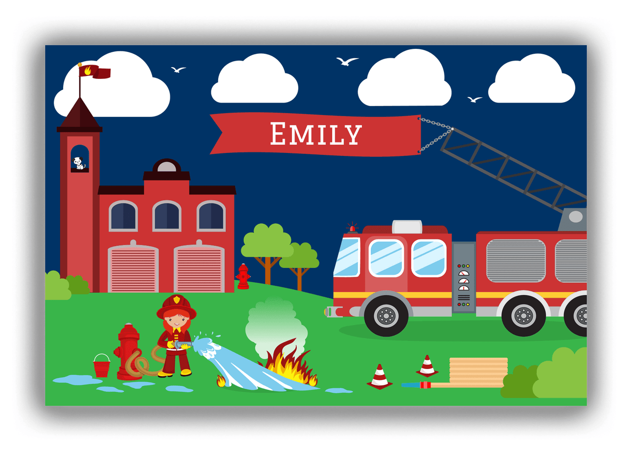 Personalized Fire Truck Canvas Wrap & Photo Print IX - Blue Background with Redhead Girl - Front View