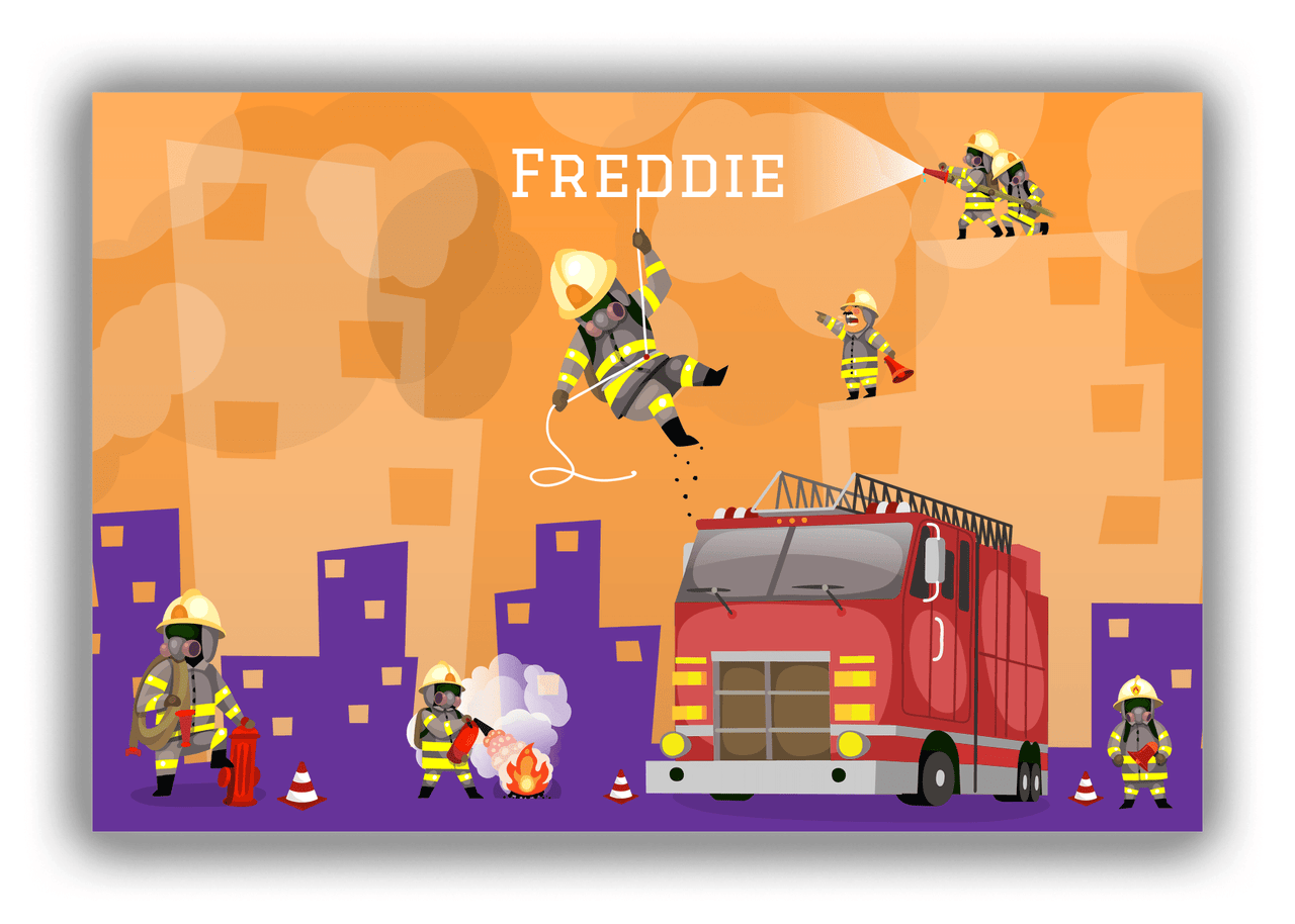 Personalized Fire Truck Canvas Wrap & Photo Print X - Fighting Fire with Orange Background - Front View