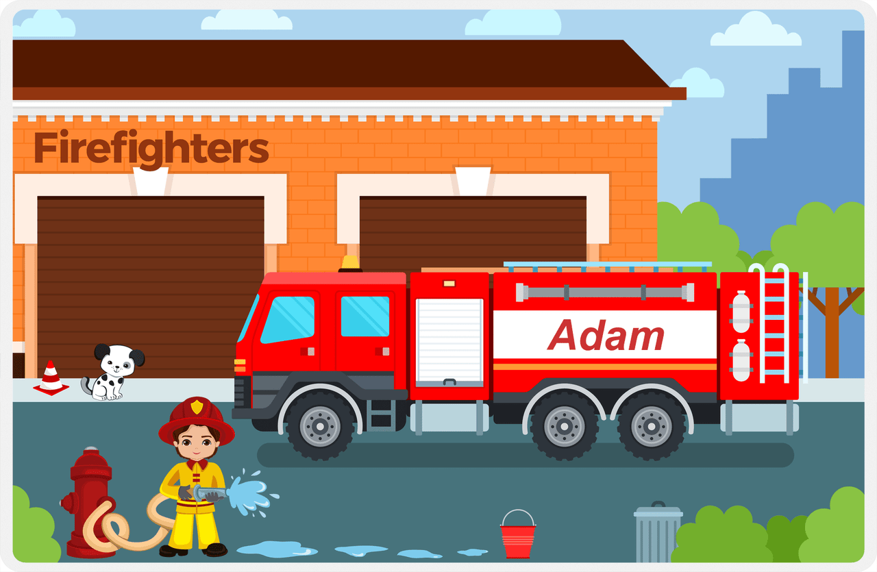 Personalized Fire Truck Placemat I - Name on Firetruck - Brown Hair Boy -  View