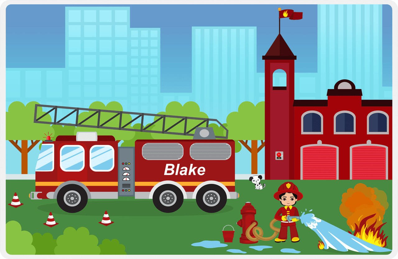 Personalized Fire Truck Placemat III - Name on Firetruck - Black Hair Boy -  View