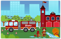 Thumbnail for Personalized Fire Truck Placemat III - Name on Firetruck - Black Hair Boy -  View