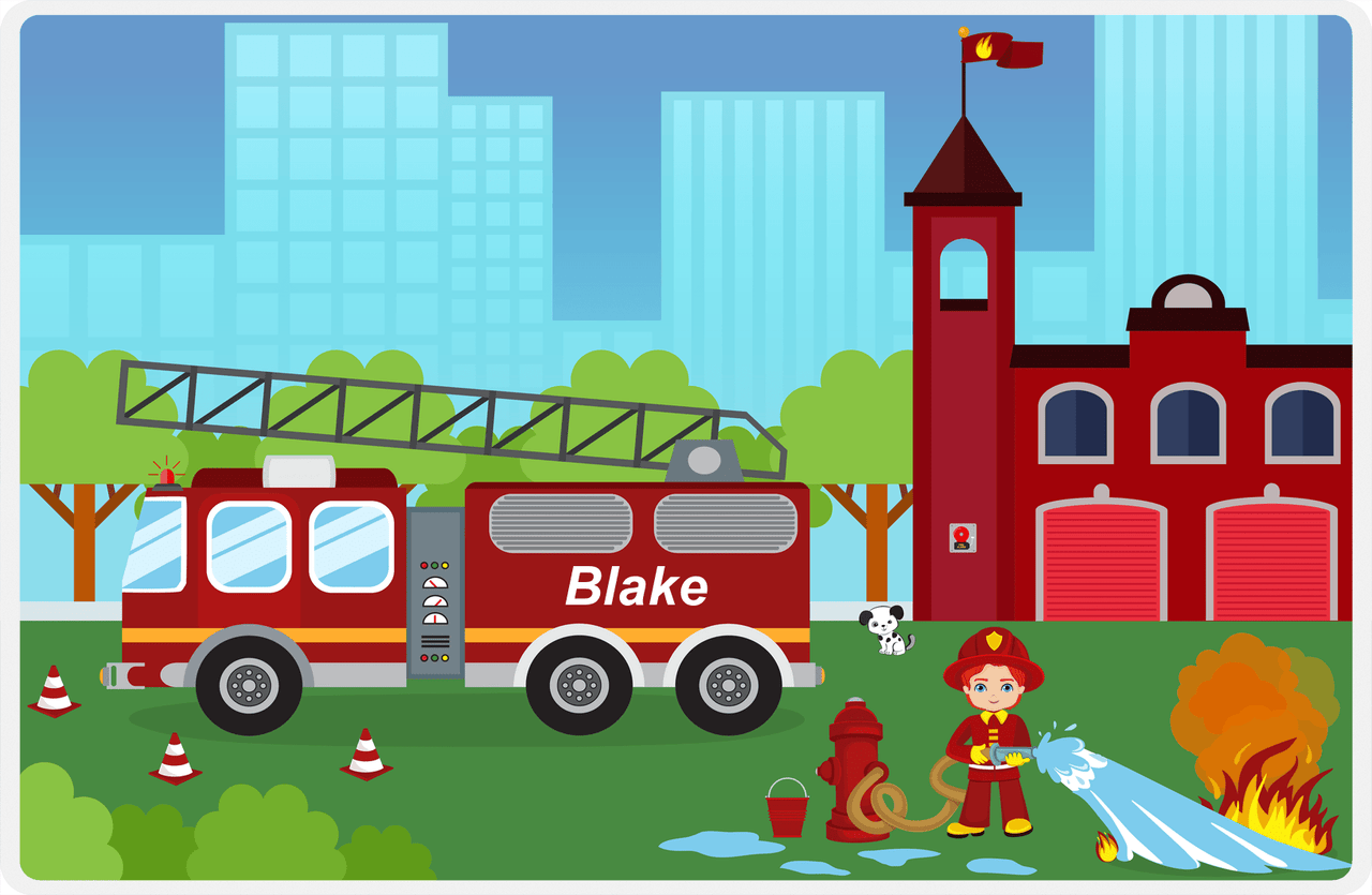 Personalized Fire Truck Placemat III - Name on Firetruck - Redhead Boy -  View
