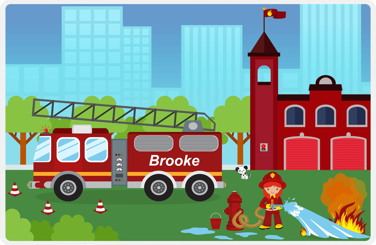 Personalized Fire Truck Placemat IV - Name on Firetruck - Redhead Girl -  View