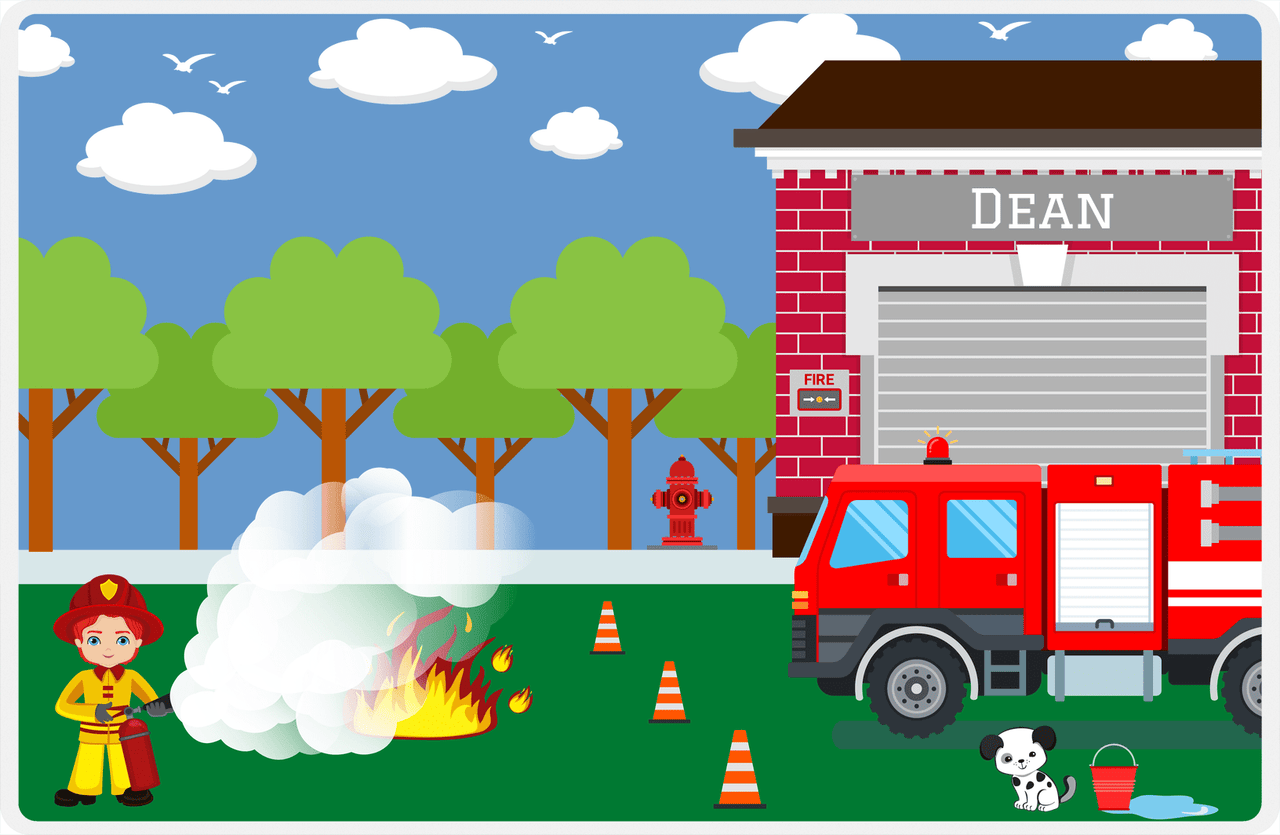 Personalized Fire Truck Placemat VI - Name on Fire Station - Redhead Boy -  View
