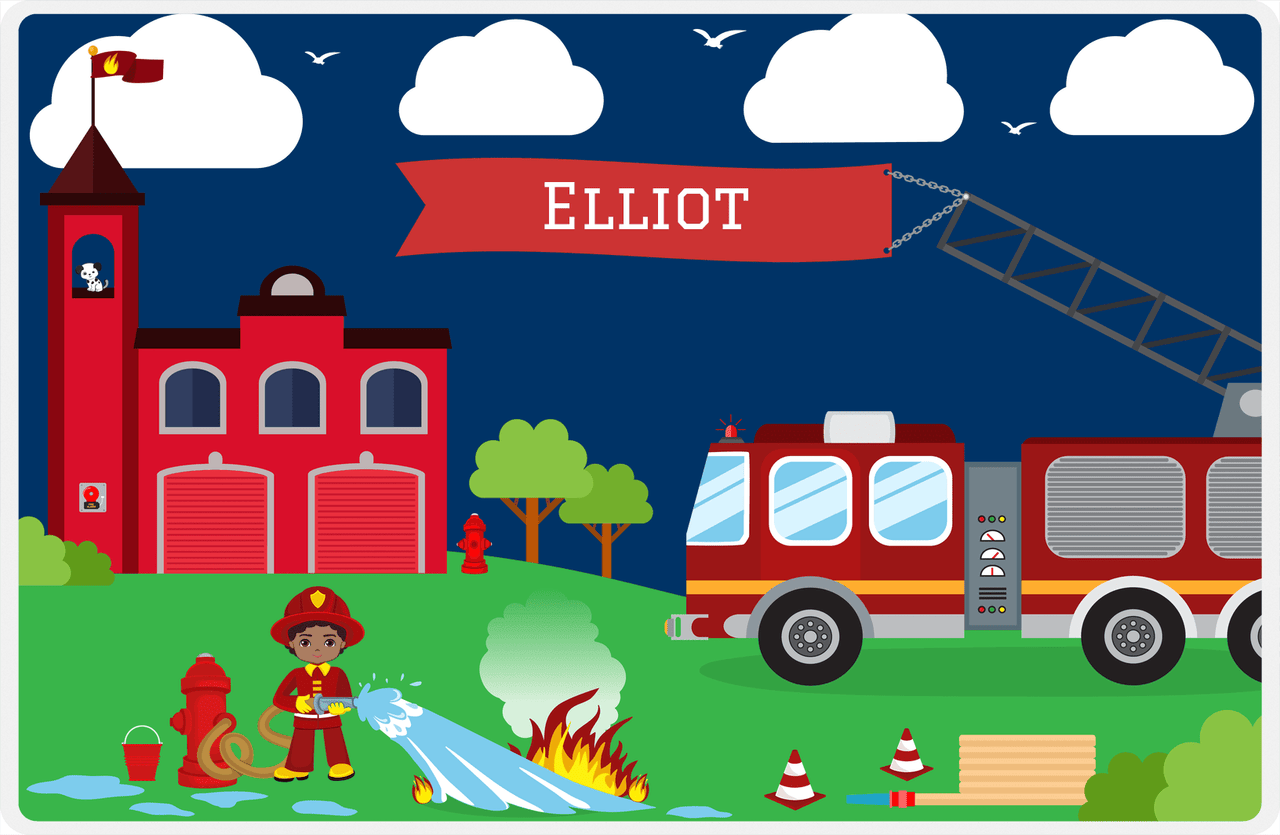 Personalized Fire Truck Placemat VIII - Name on Flag - Black Boy -  View