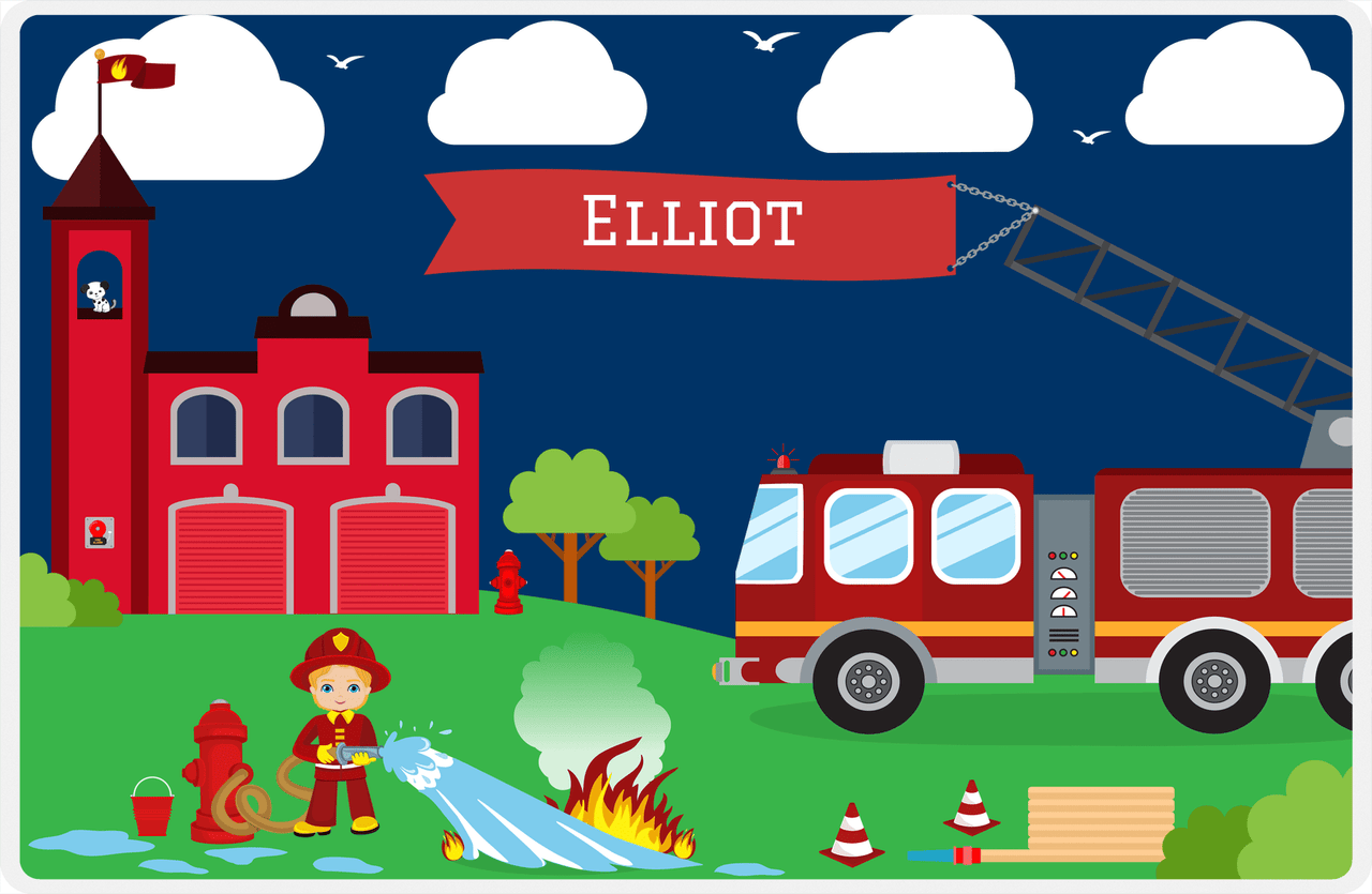 Personalized Fire Truck Placemat VIII - Name on Flag - Blond Boy -  View