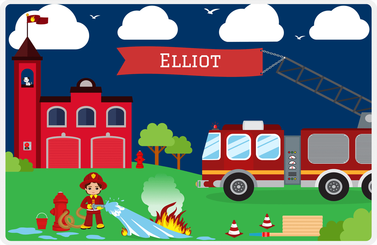 Personalized Fire Truck Placemat VIII - Name on Flag - Brown Hair Boy -  View