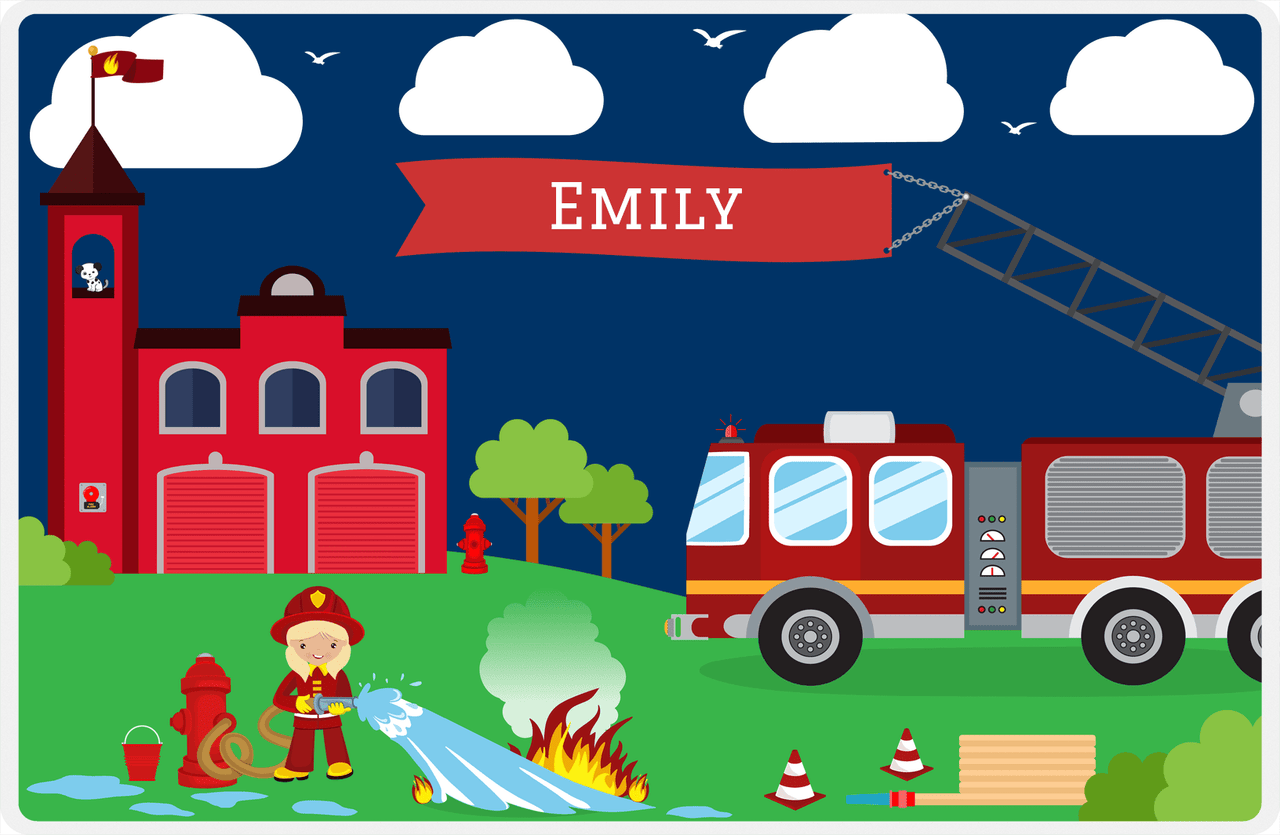 Personalized Fire Truck Placemat IX - Name on Flag - Blonde Girl -  View