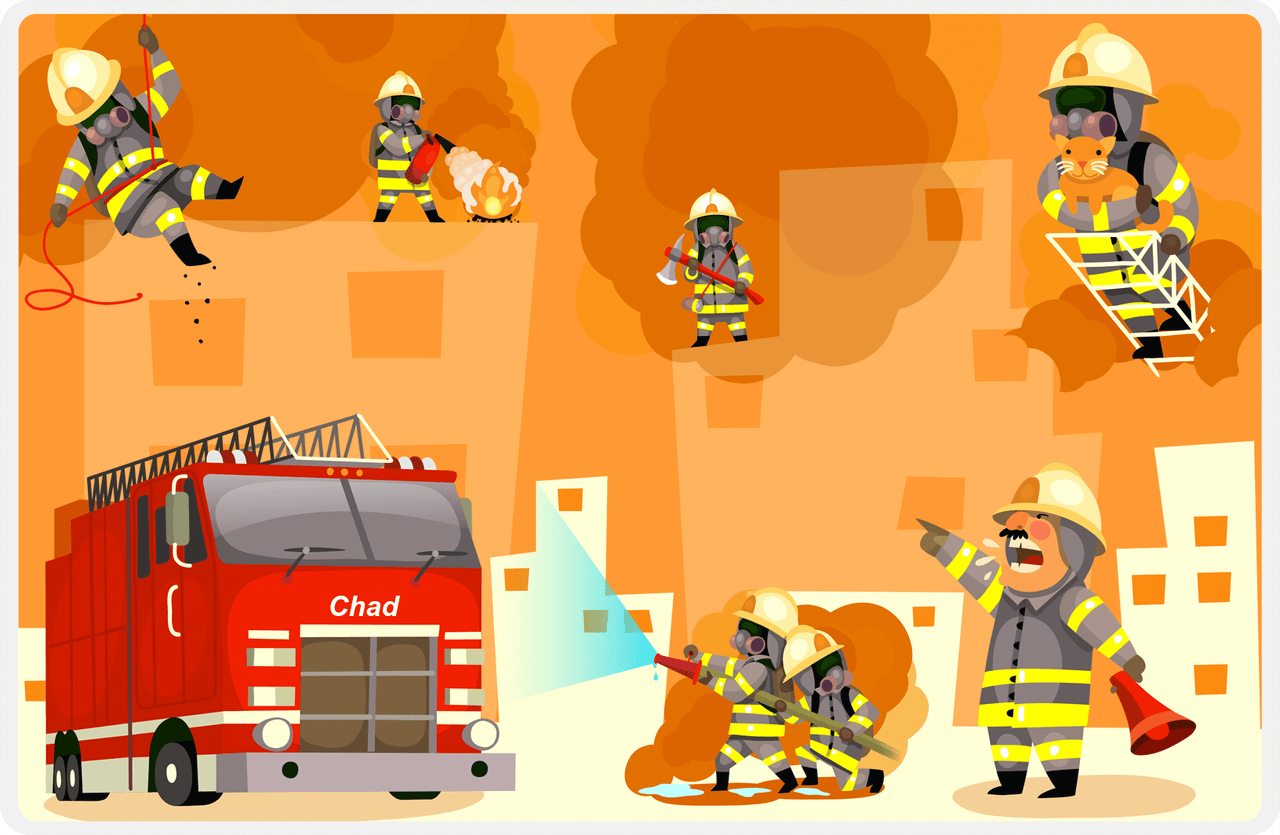 Personalized Fire Truck Placemat V - Fighting Fire - Orange Background -  View