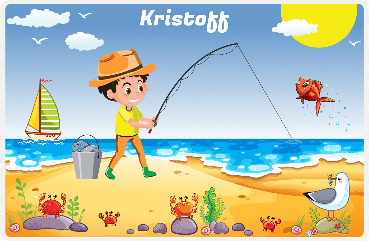 Personalized Fishing Placemat IV - Shore Cast - Black Hair Boy -  View
