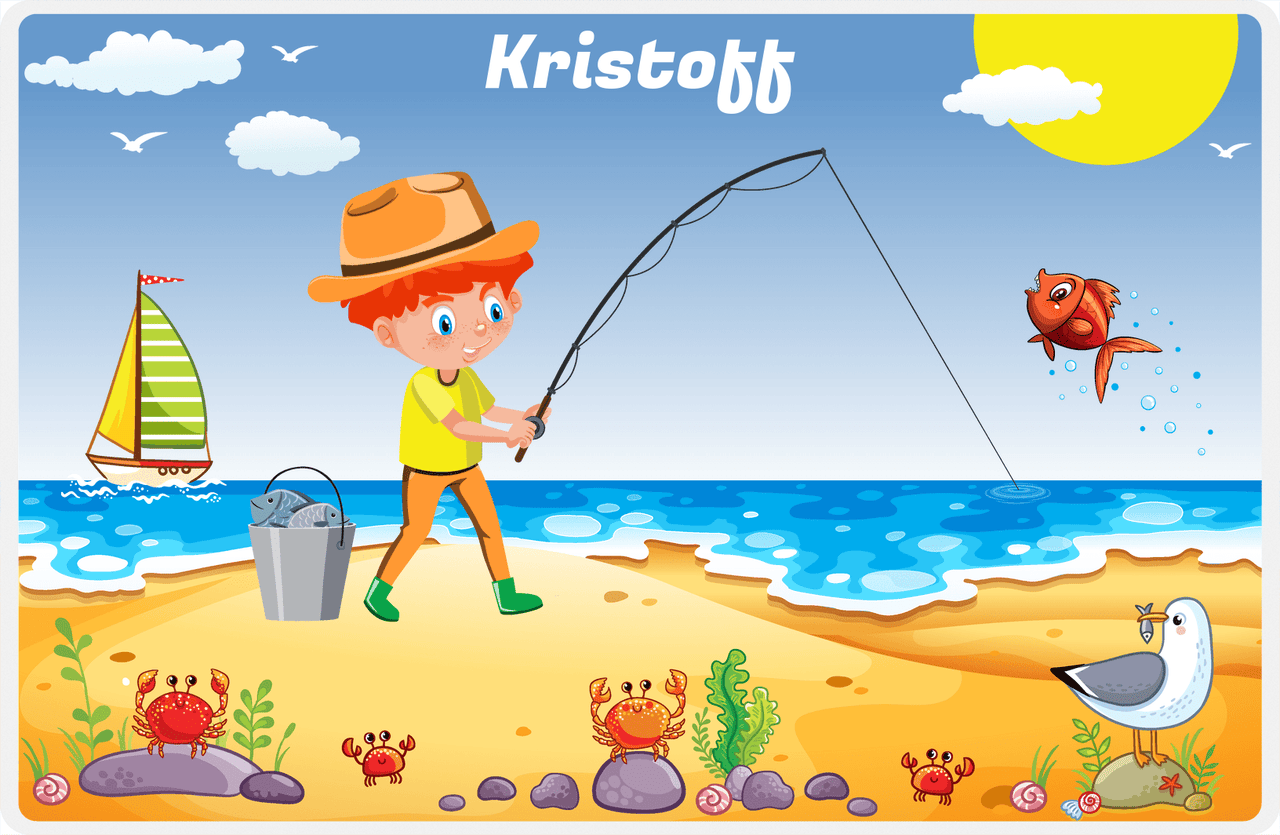 Personalized Fishing Placemat IV - Shore Cast - Redhead Boy -  View