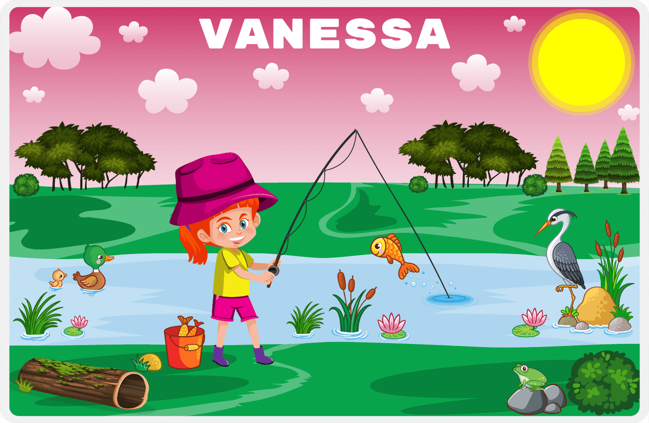 Personalized Fishing Placemat VII - Lively Stream - Redhead Girl -  View