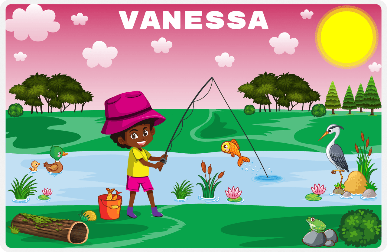Personalized Fishing Placemat VII - Lively Stream - Black Girl II -  View