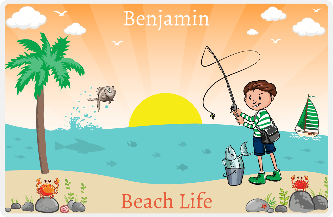 Personalized Fishing Placemat X - Beach Life - Brown Hair Boy -  View