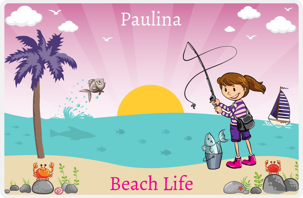 Personalized Fishing Placemat XI - Beach Life - Brunette Girl -  View