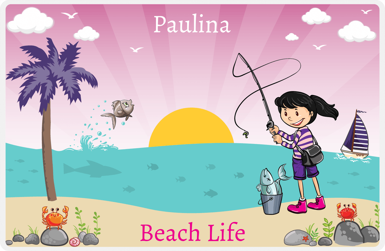 Personalized Fishing Placemat XI - Beach Life - Black Hair Girl -  View