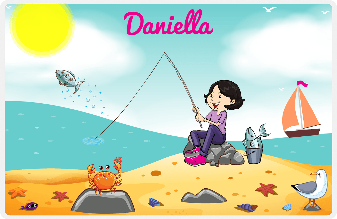 Personalized Fishing Placemat XV - Crabby Beach - Black Hair Girl -  View