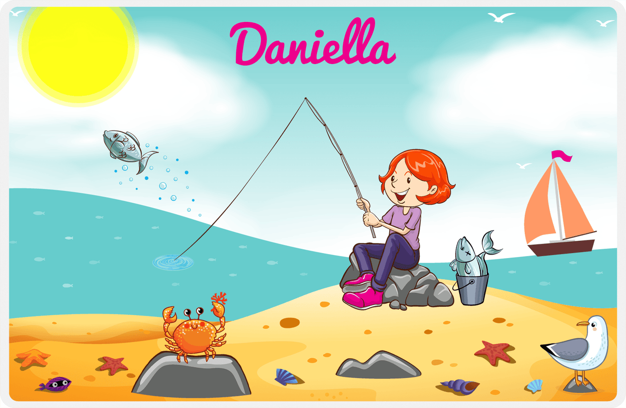 Personalized Fishing Placemat XV - Crabby Beach - Redhead Girl -  View