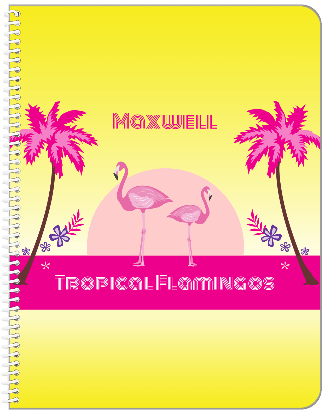 Personalized Flamingos Notebook II - Tropical - Yellow Background - Front View