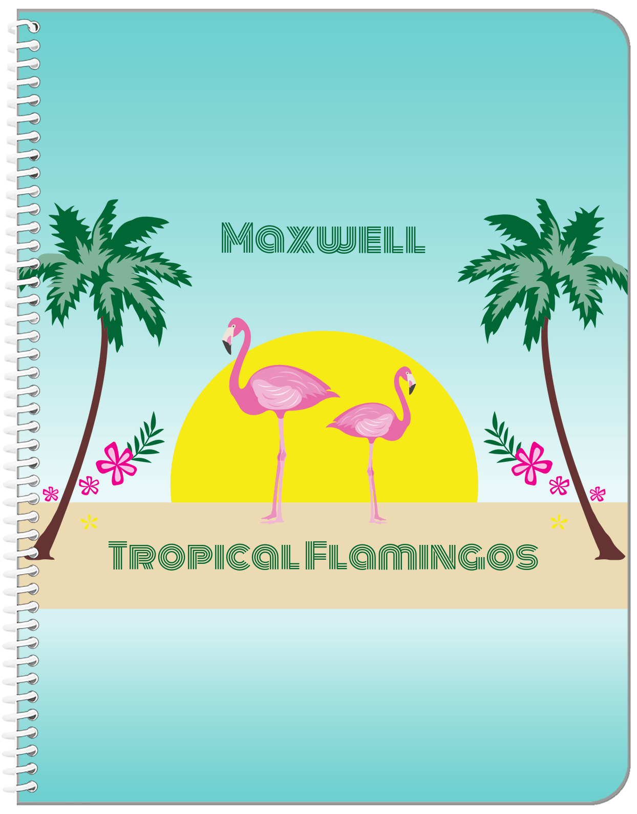 Personalized Flamingos Notebook II - Tropical - Teal Background - Front View