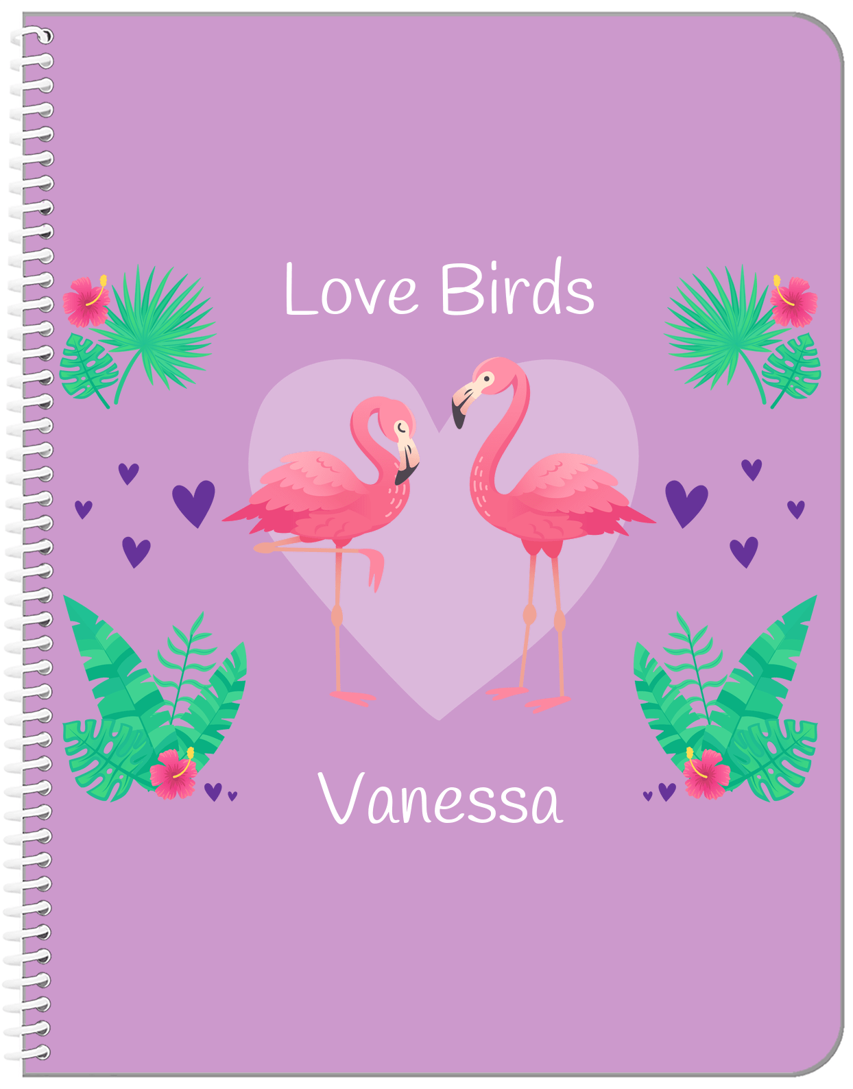 Personalized Flamingos Notebook V - Love Birds - Purple Background - Front View