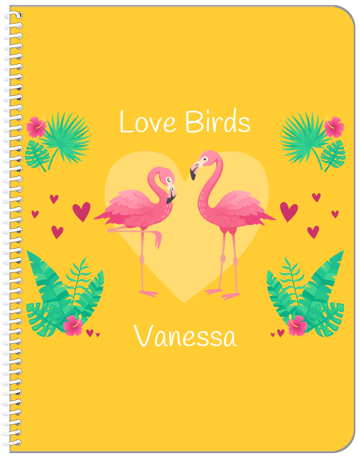 Personalized Flamingos Notebook V - Love Birds - Yellow Background - Front View