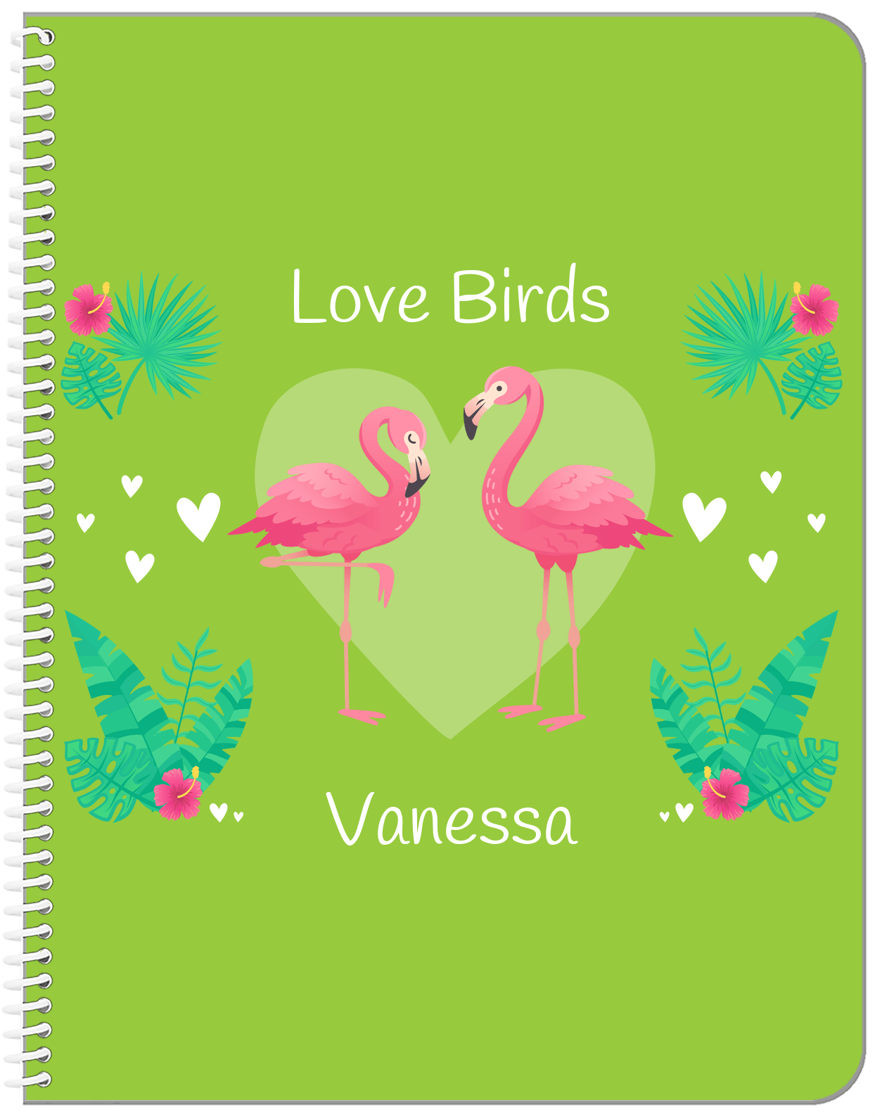Personalized Flamingos Notebook V - Love Birds - Green Background - Front View