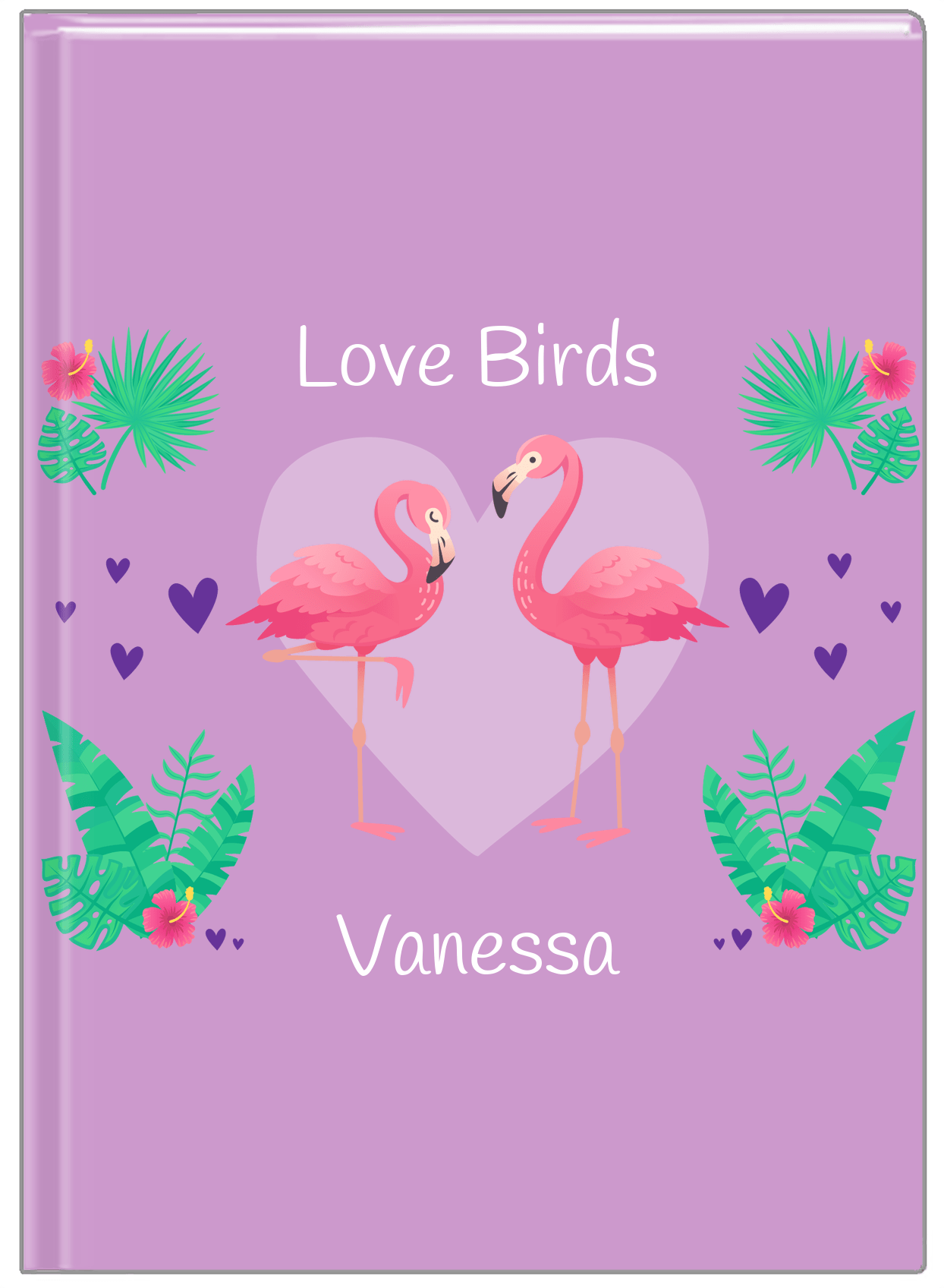 Personalized Flamingos Journal V - Love Birds - Purple Background - Front View