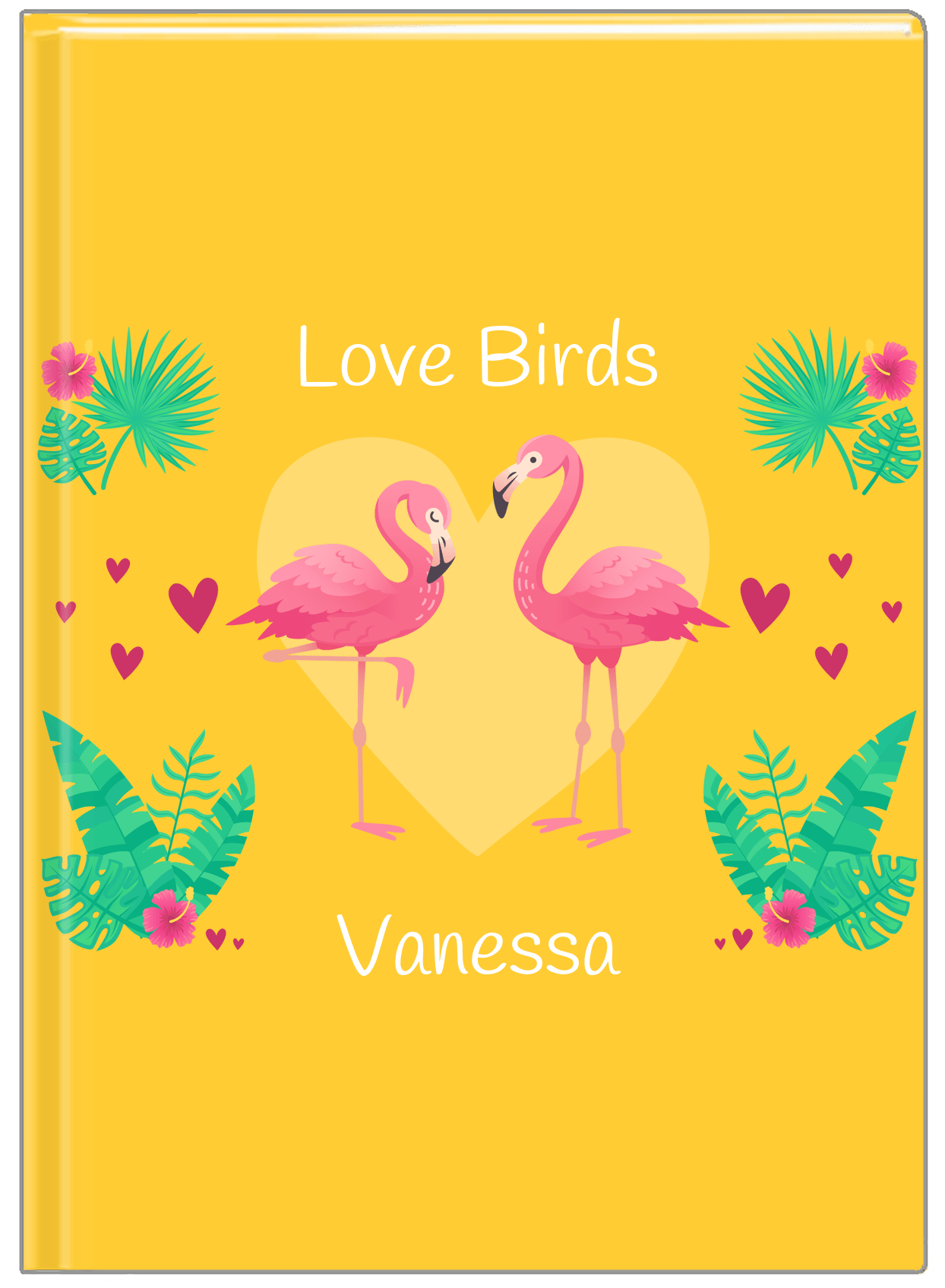 Personalized Flamingos Journal V - Love Birds - Yellow Background - Front View