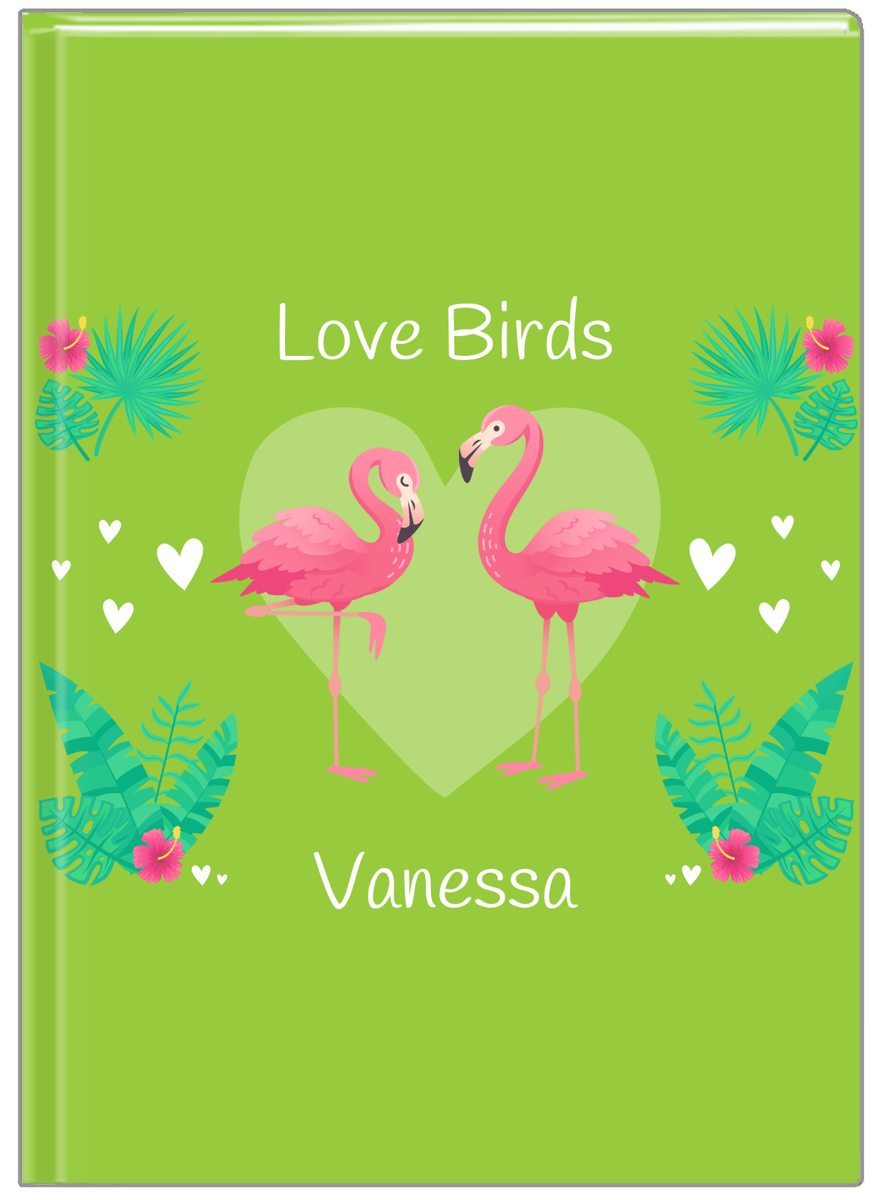 Personalized Flamingos Journal V - Love Birds - Green Background - Front View