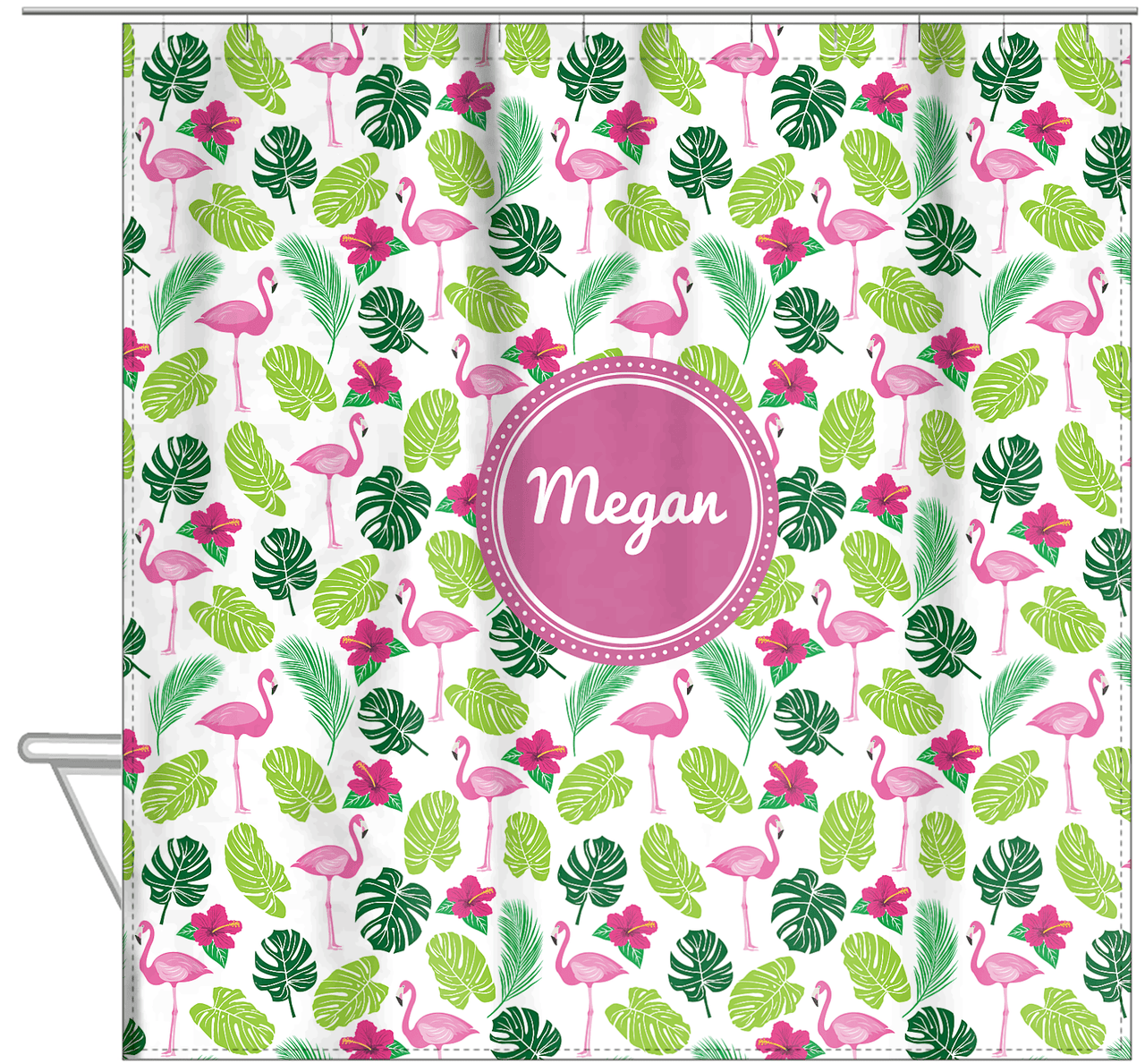 Personalized Flamingos Shower Curtain I - Hibiscus - Circle Nameplate - Hanging View