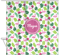 Thumbnail for Personalized Flamingos Shower Curtain I - Hibiscus - Circle Nameplate - Hanging View
