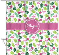 Thumbnail for Personalized Flamingos Shower Curtain I - Hibiscus - Circle Ribbon Nameplate - Hanging View