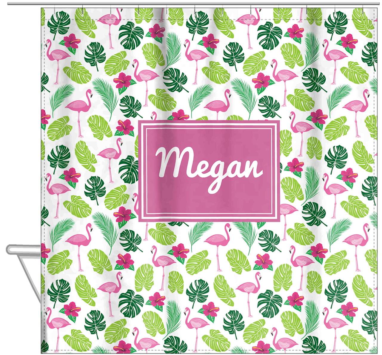 Personalized Flamingos Shower Curtain I - Hibiscus - Rectangle Nameplate - Hanging View