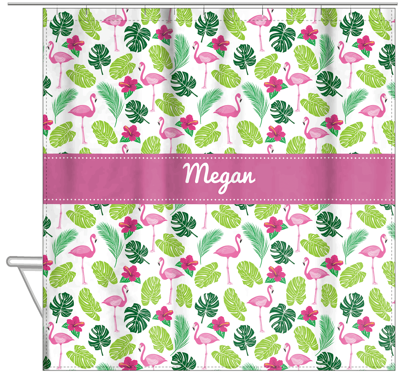 Personalized Flamingos Shower Curtain I - Hibiscus - Ribbon Nameplate - Hanging View